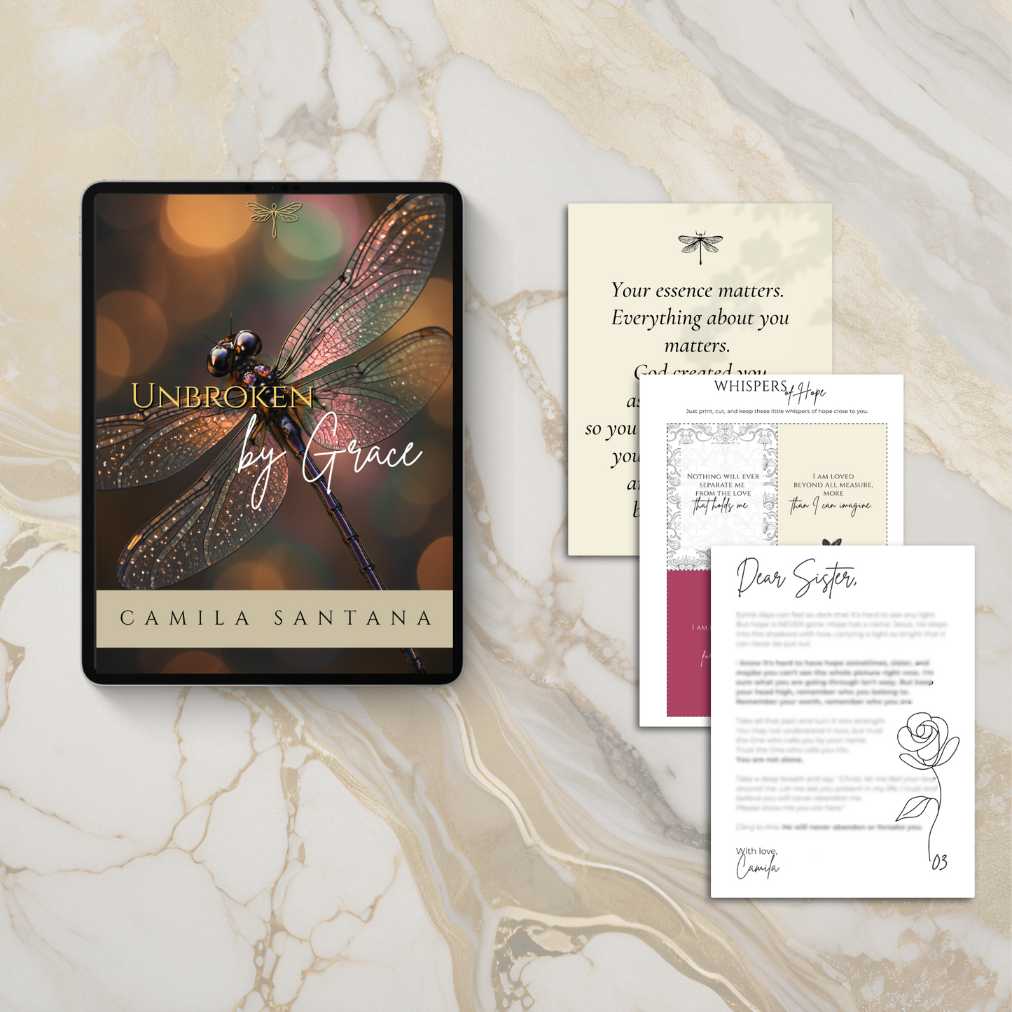 E-book titled 'Metamorphosis of Grace™' by Cordellia Jane on a marble surface with other printed materials.