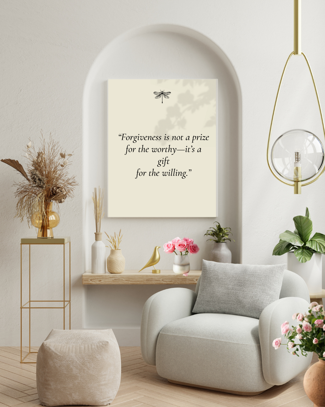 Modern living room with a quote on the wall, a gray armchair, and decorative elements.