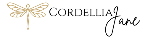 Logo with a gold dragonfly and 'CORDELLIA JANE' text on a white background